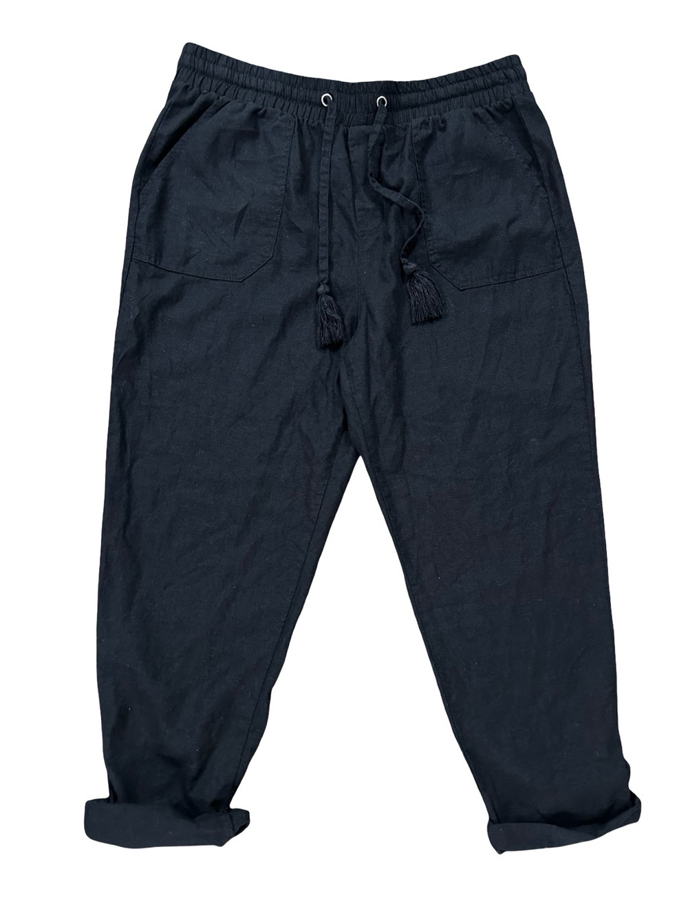 Sound Style Black Linen Blend Pull On Cuffed Ankle Pants SZ Large Lounge Resort
